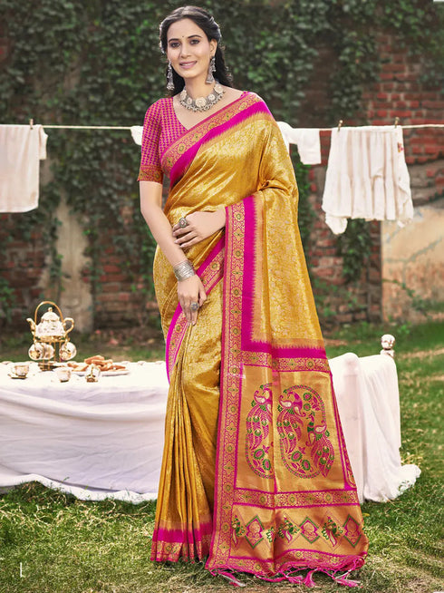 Deeva Sarees Mustard Yellow Banarasi Silk Saree
